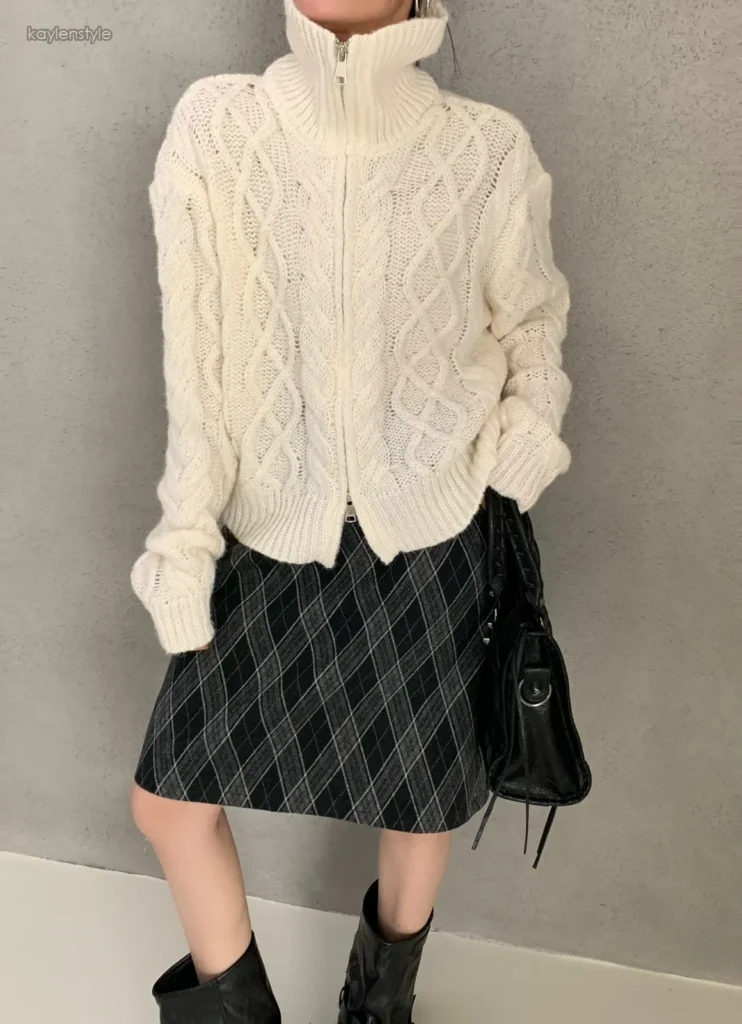 cable v neck long sleeve cardigan ivory 01